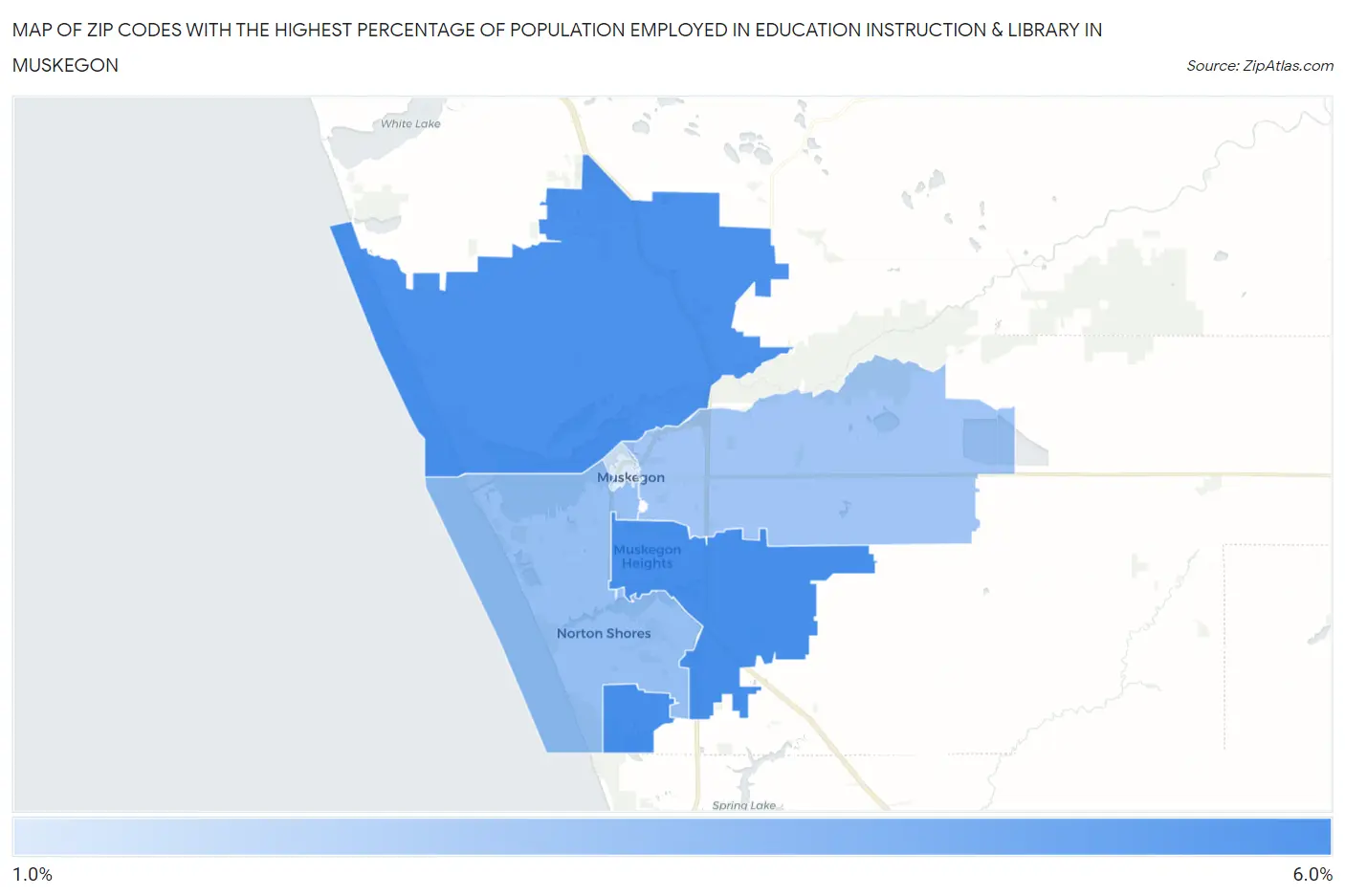 Zip Codes with the Highest Percentage of Population Employed in Education Instruction & Library in Muskegon Map