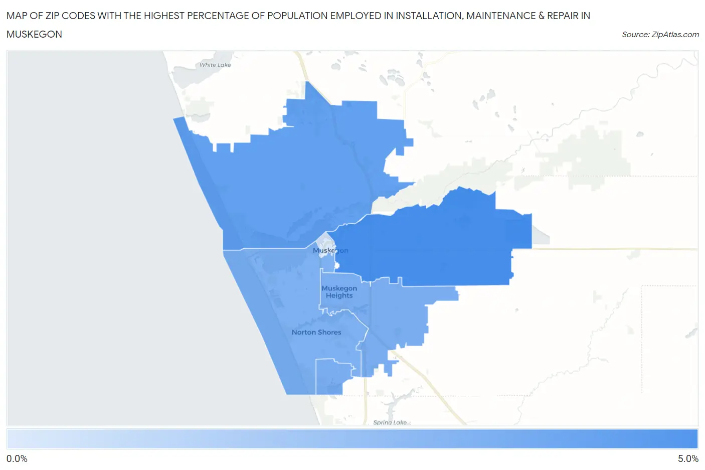 Zip Codes with the Highest Percentage of Population Employed in Installation, Maintenance & Repair in Muskegon Map