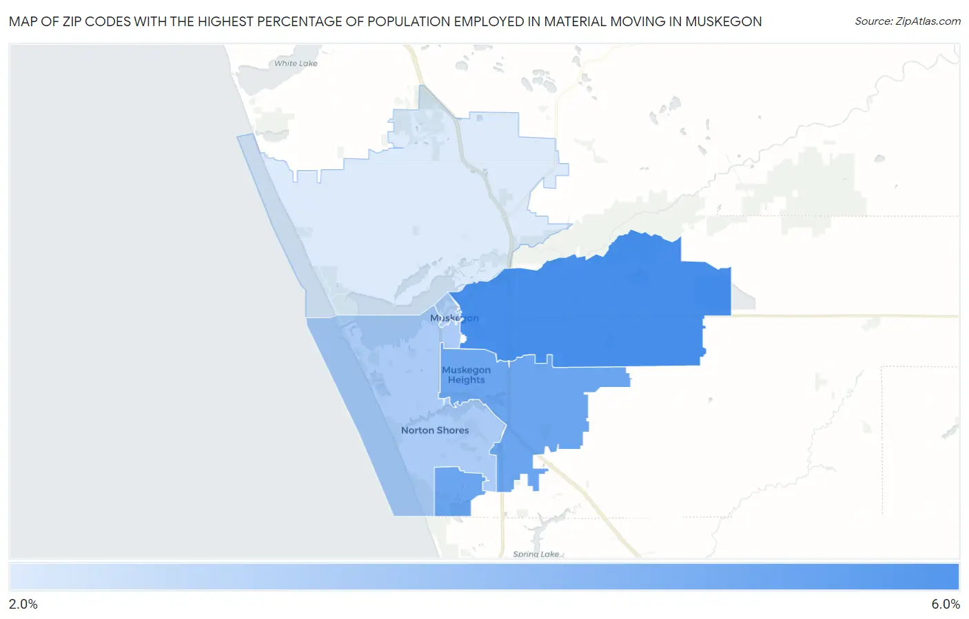 Zip Codes with the Highest Percentage of Population Employed in Material Moving in Muskegon Map