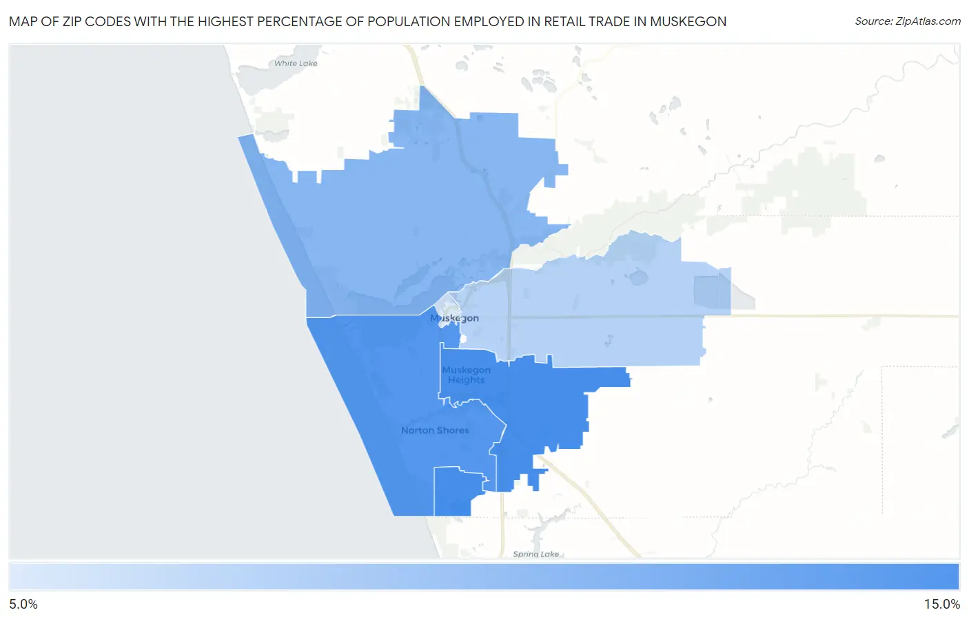 Zip Codes with the Highest Percentage of Population Employed in Retail Trade in Muskegon Map