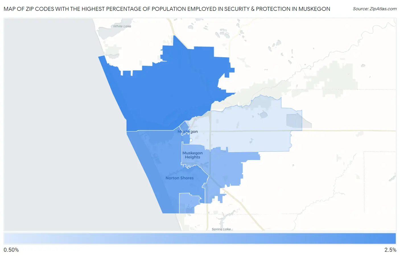Zip Codes with the Highest Percentage of Population Employed in Security & Protection in Muskegon Map
