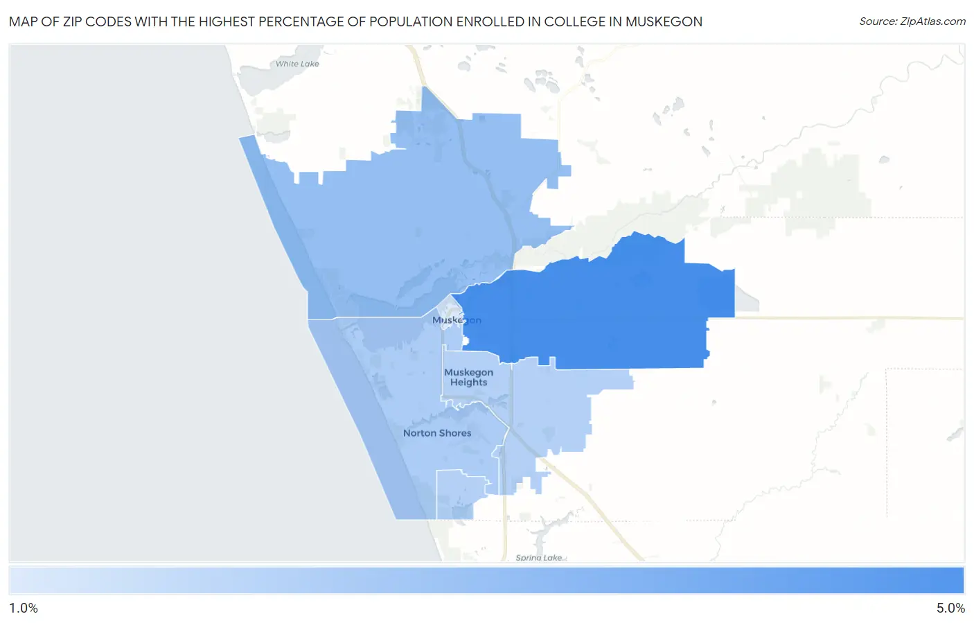 Zip Codes with the Highest Percentage of Population Enrolled in College in Muskegon Map