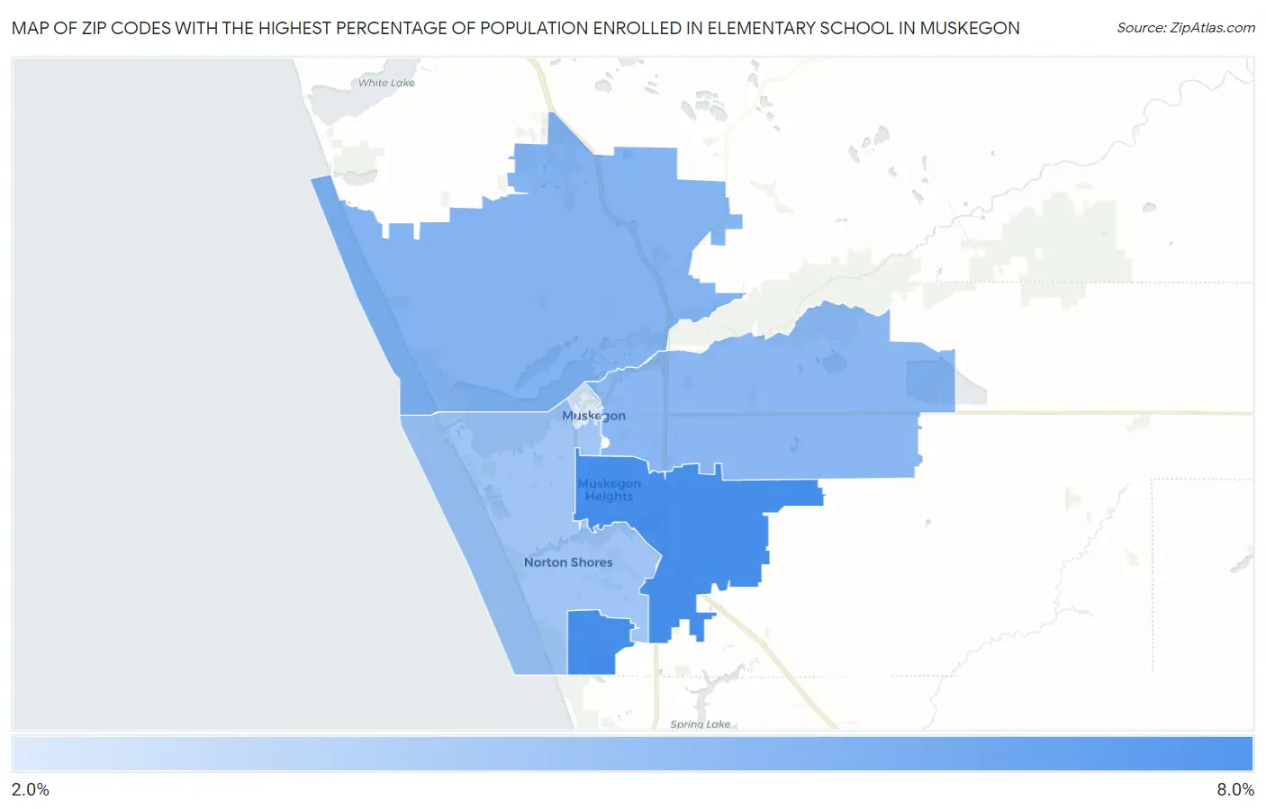 Zip Codes with the Highest Percentage of Population Enrolled in Elementary School in Muskegon Map