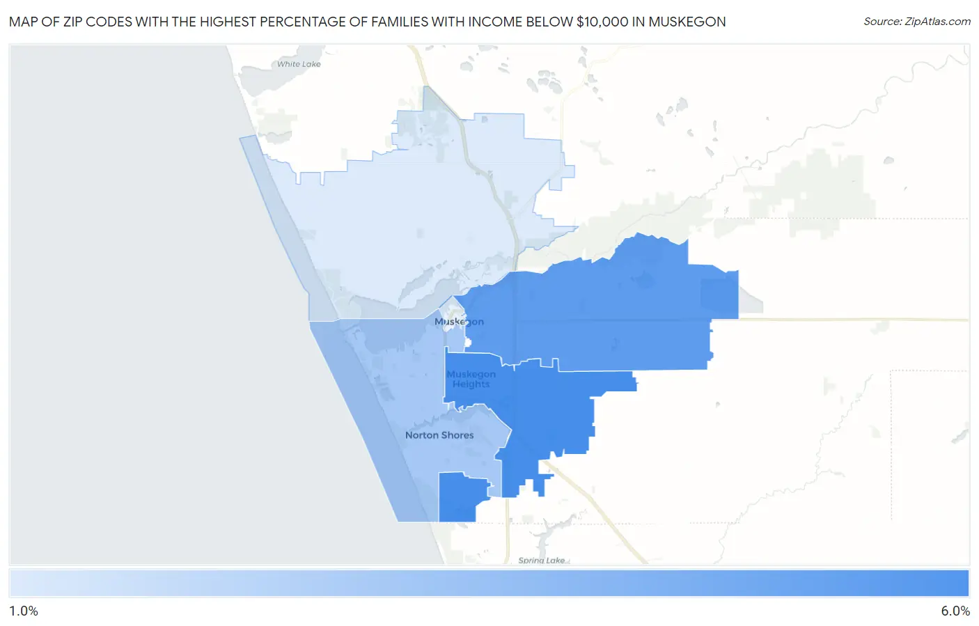 Zip Codes with the Highest Percentage of Families with Income Below $10,000 in Muskegon Map