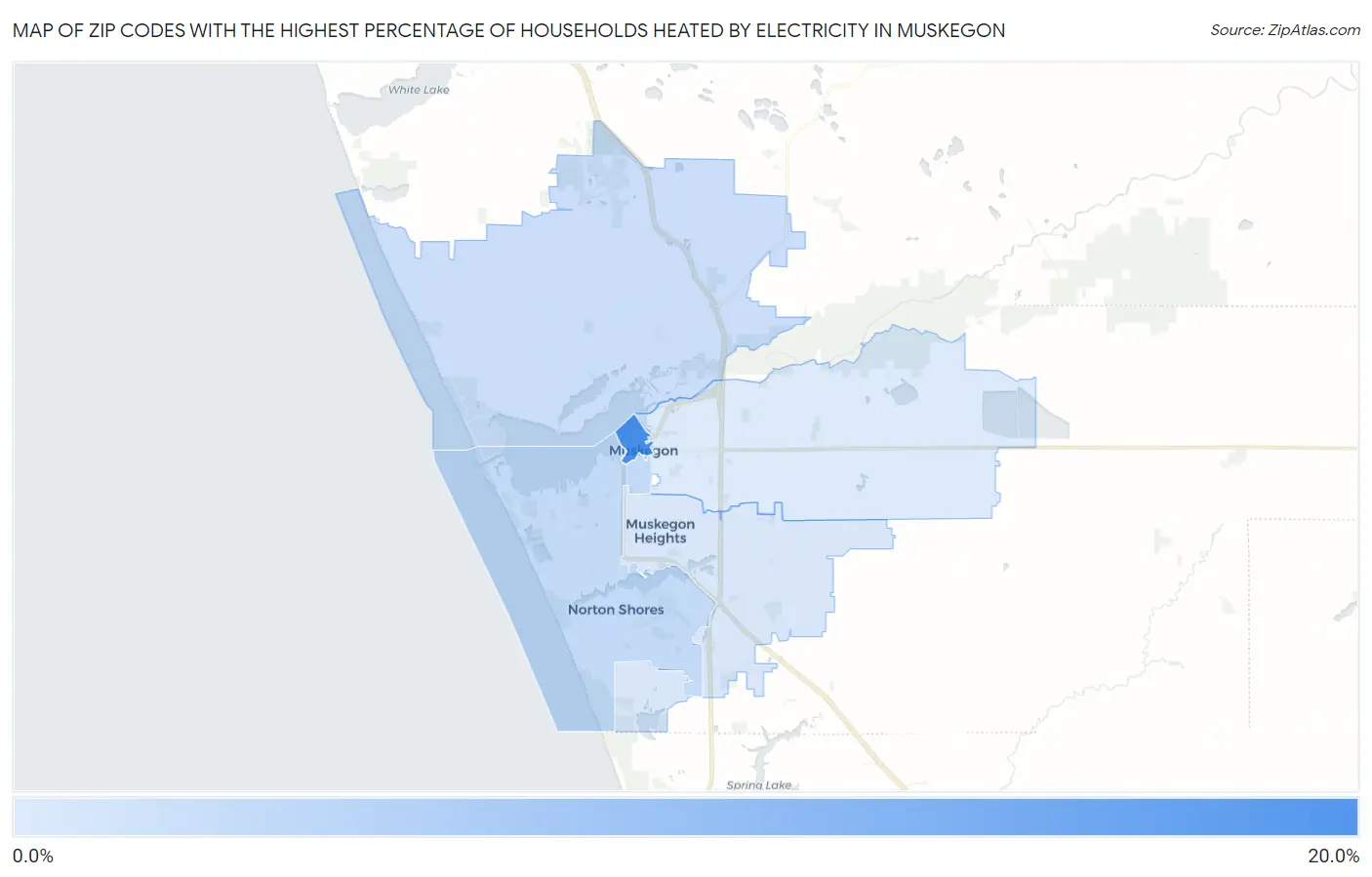 Zip Codes with the Highest Percentage of Households Heated by Electricity in Muskegon Map