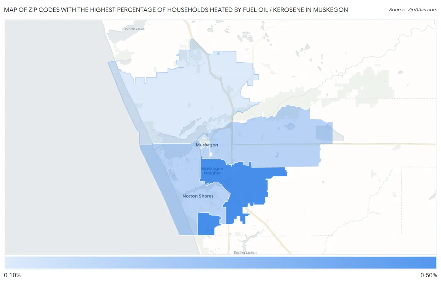 Zip Codes with the Highest Percentage of Households Heated by Fuel Oil / Kerosene in Muskegon Map