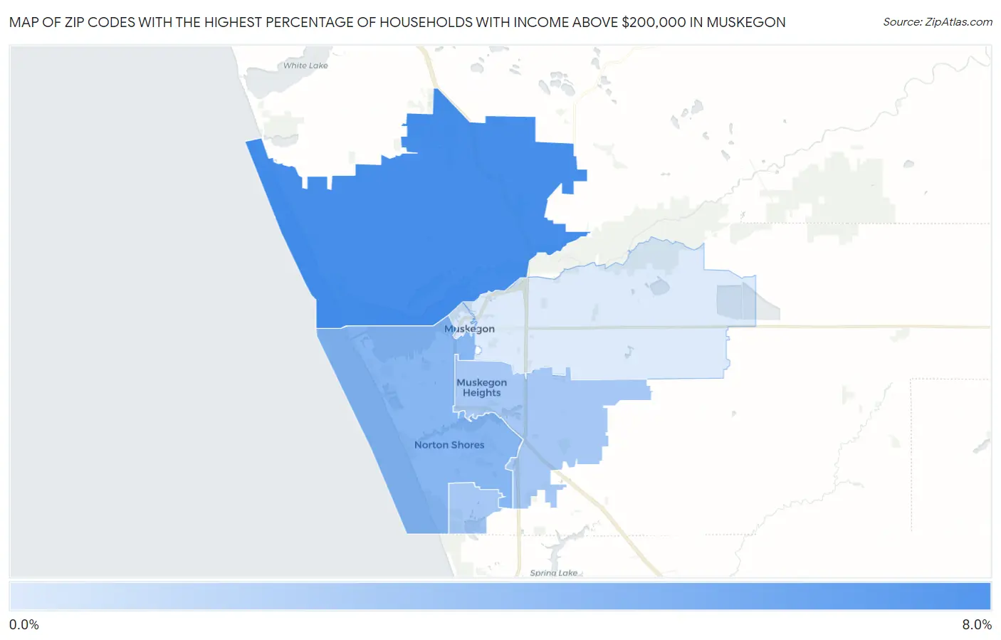 Zip Codes with the Highest Percentage of Households with Income Above $200,000 in Muskegon Map
