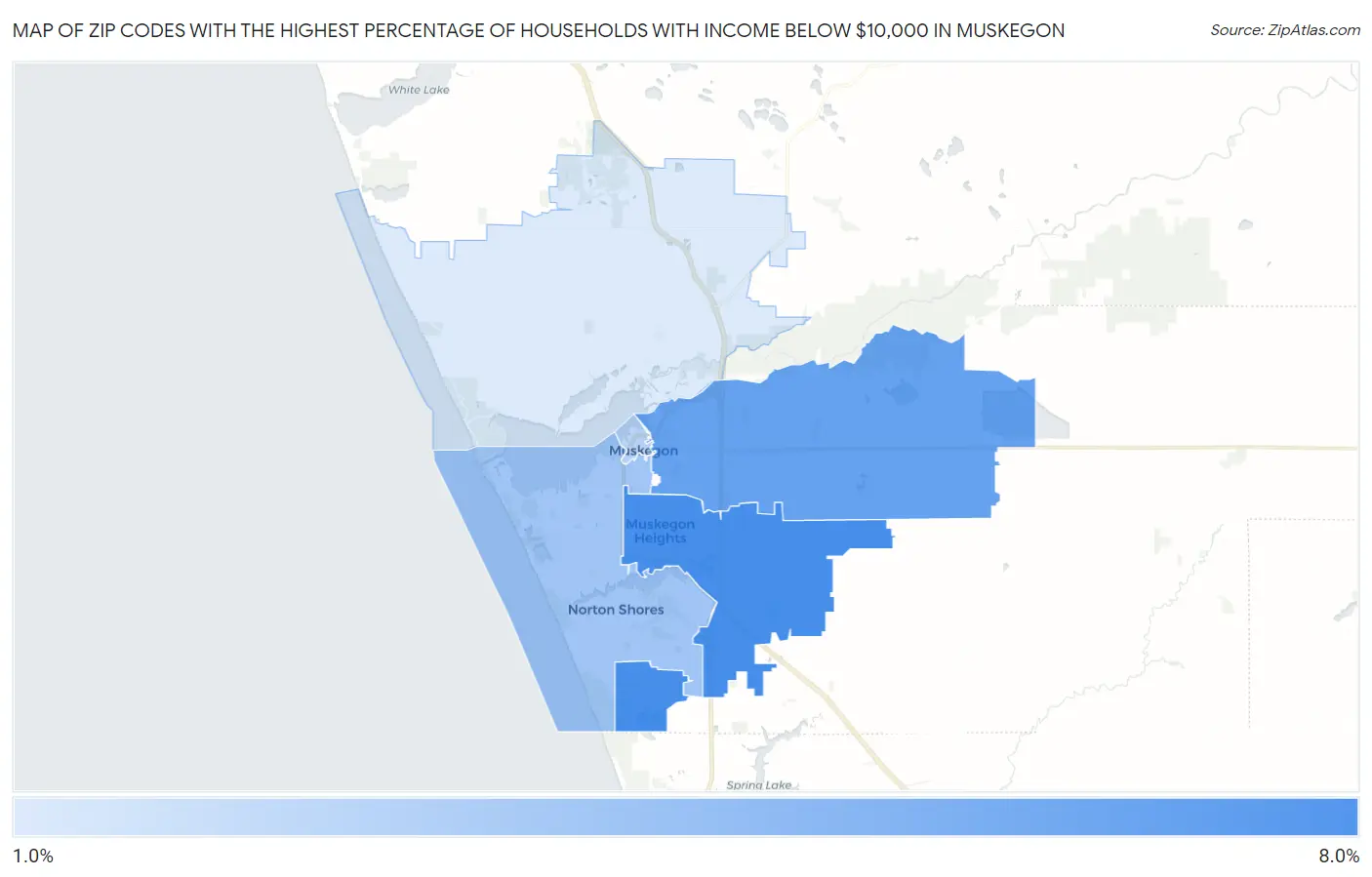 Zip Codes with the Highest Percentage of Households with Income Below $10,000 in Muskegon Map