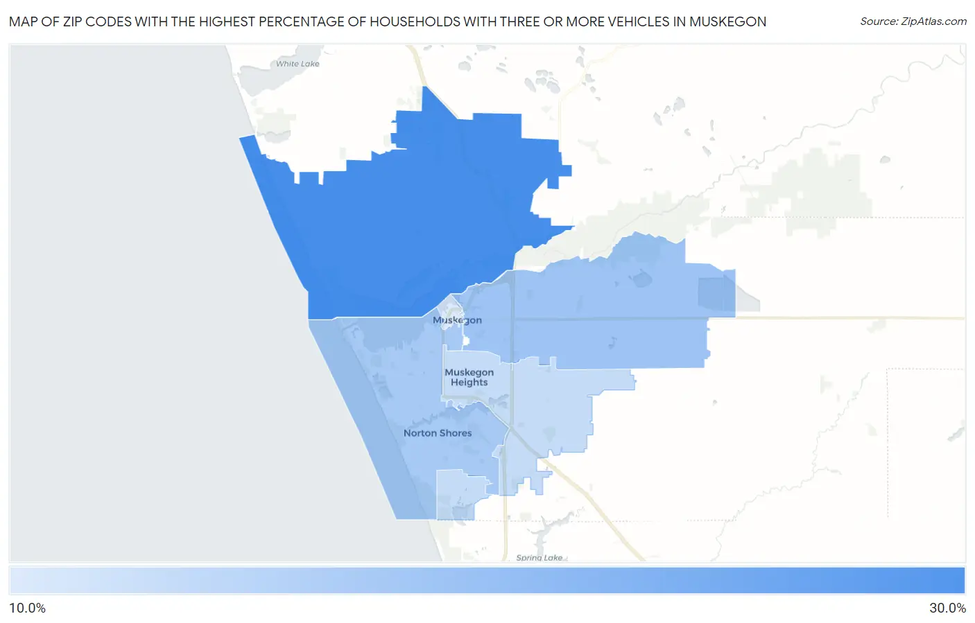 Zip Codes with the Highest Percentage of Households With Three or more Vehicles in Muskegon Map