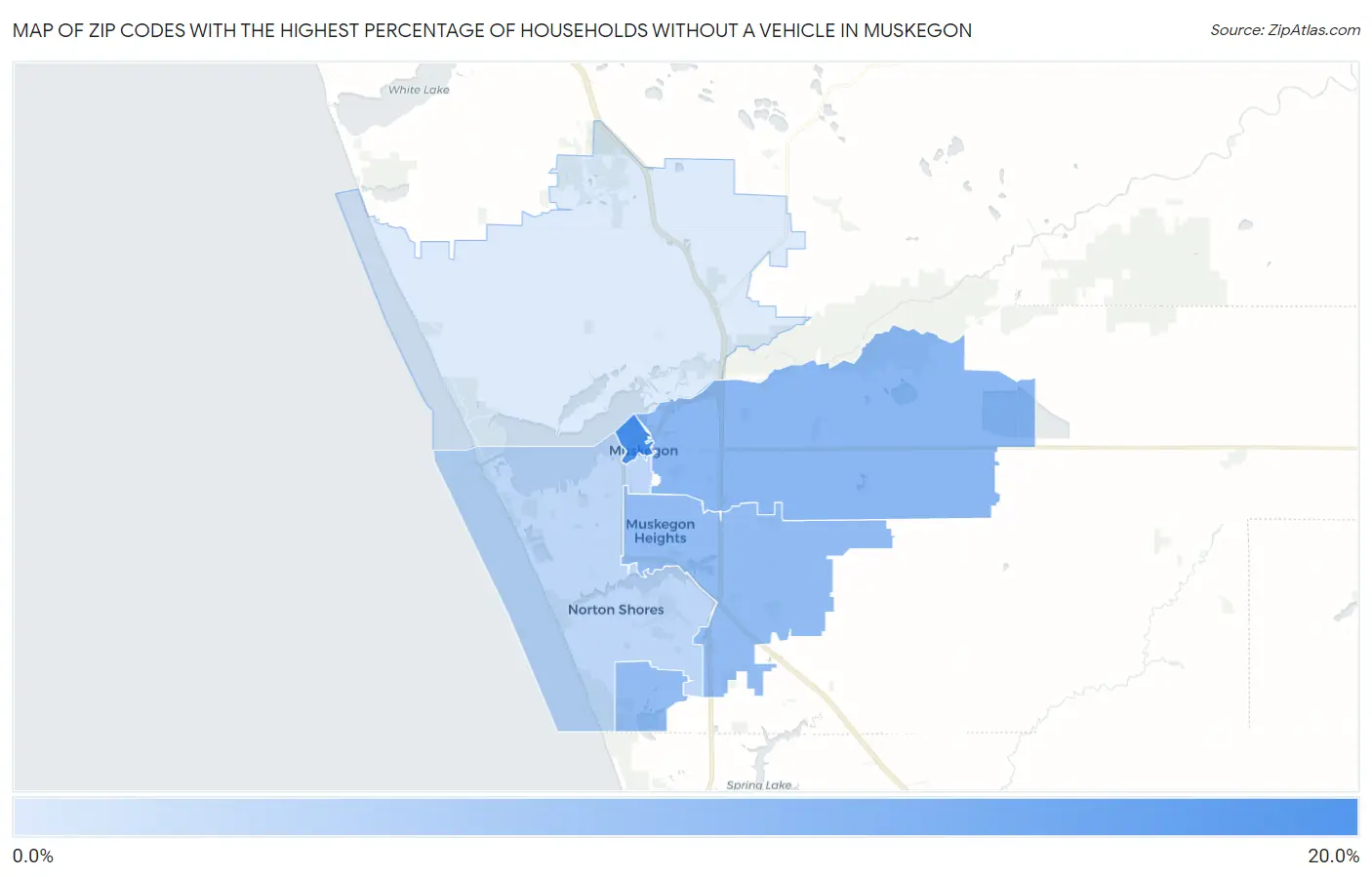 Zip Codes with the Highest Percentage of Households Without a Vehicle in Muskegon Map