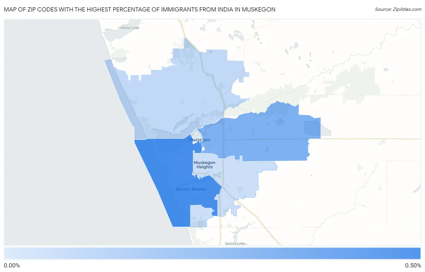 Zip Codes with the Highest Percentage of Immigrants from India in Muskegon Map