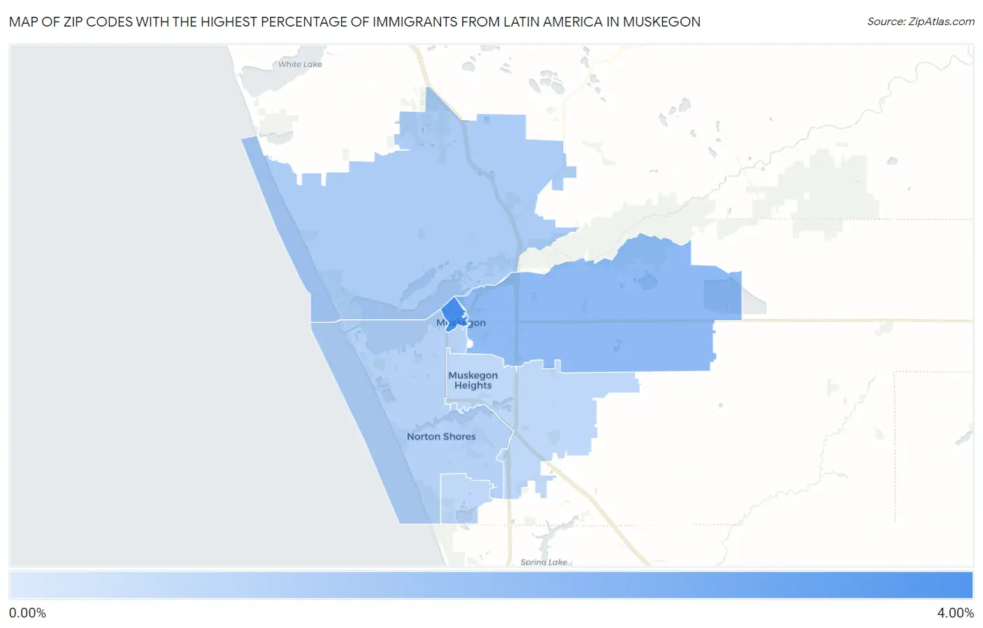 Zip Codes with the Highest Percentage of Immigrants from Latin America in Muskegon Map