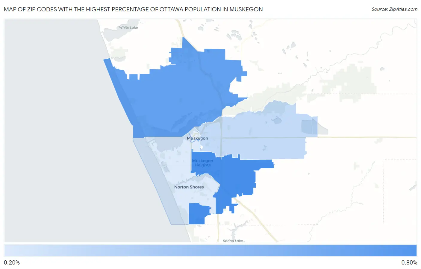 Zip Codes with the Highest Percentage of Ottawa Population in Muskegon Map