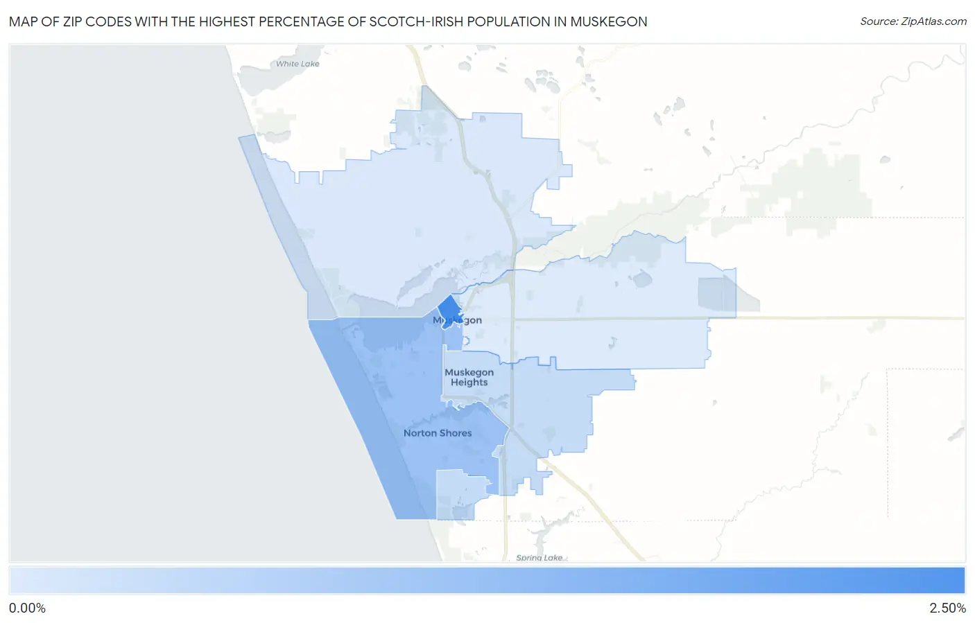 Zip Codes with the Highest Percentage of Scotch-Irish Population in Muskegon Map