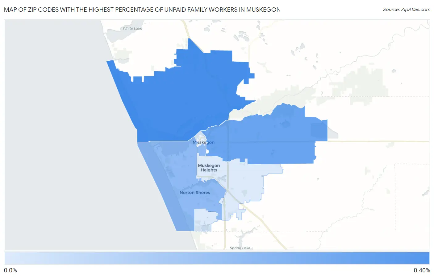 Zip Codes with the Highest Percentage of Unpaid Family Workers in Muskegon Map