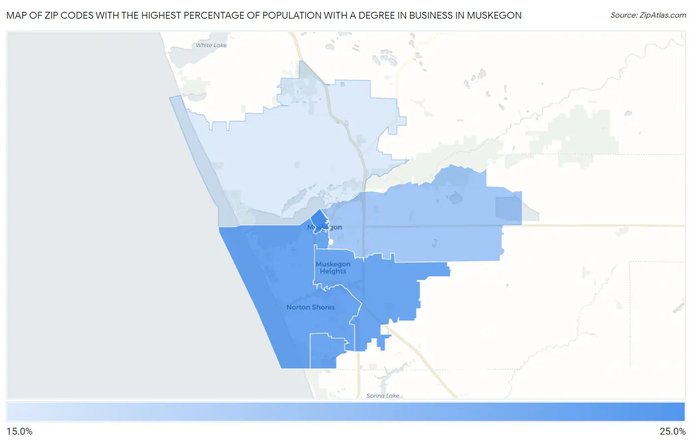 Zip Codes with the Highest Percentage of Population with a Degree in Business in Muskegon Map