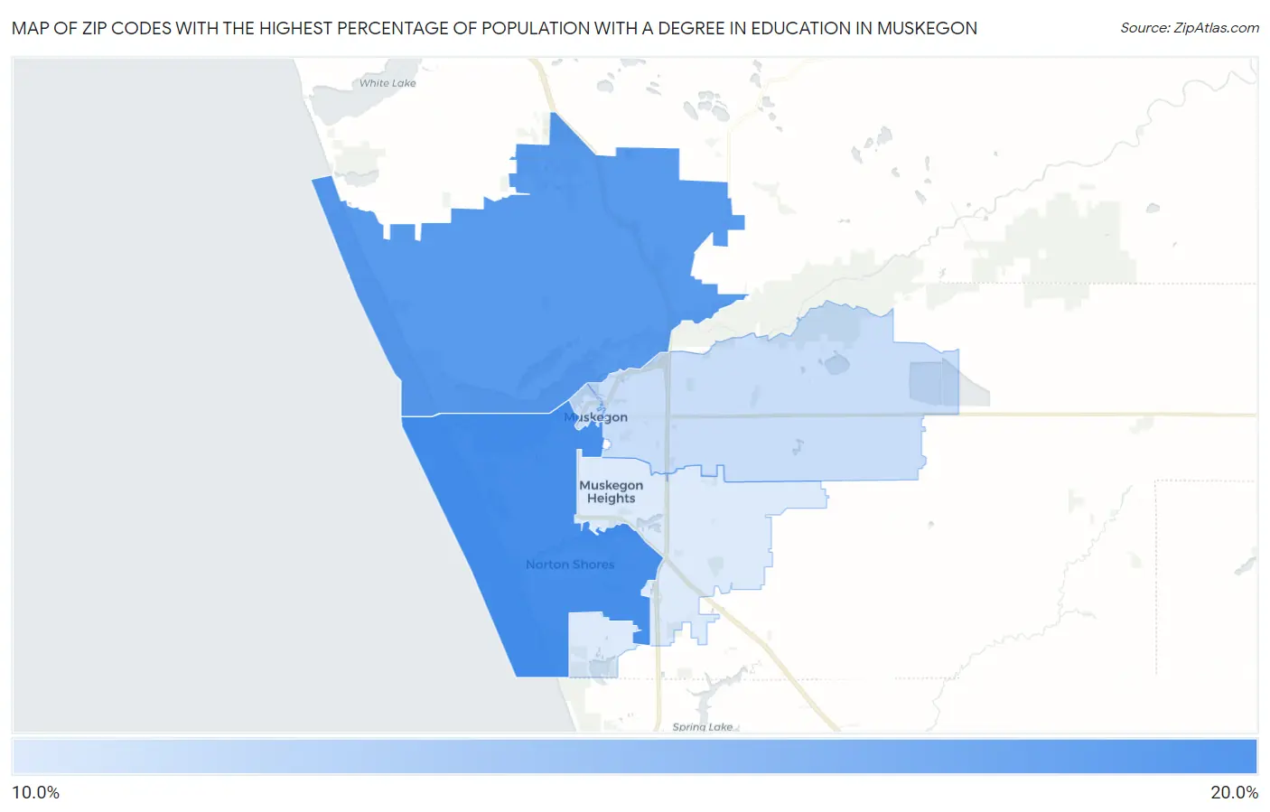 Zip Codes with the Highest Percentage of Population with a Degree in Education in Muskegon Map