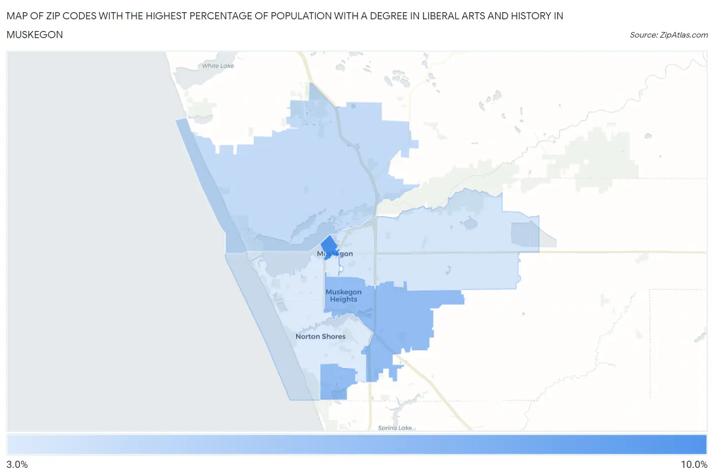 Zip Codes with the Highest Percentage of Population with a Degree in Liberal Arts and History in Muskegon Map