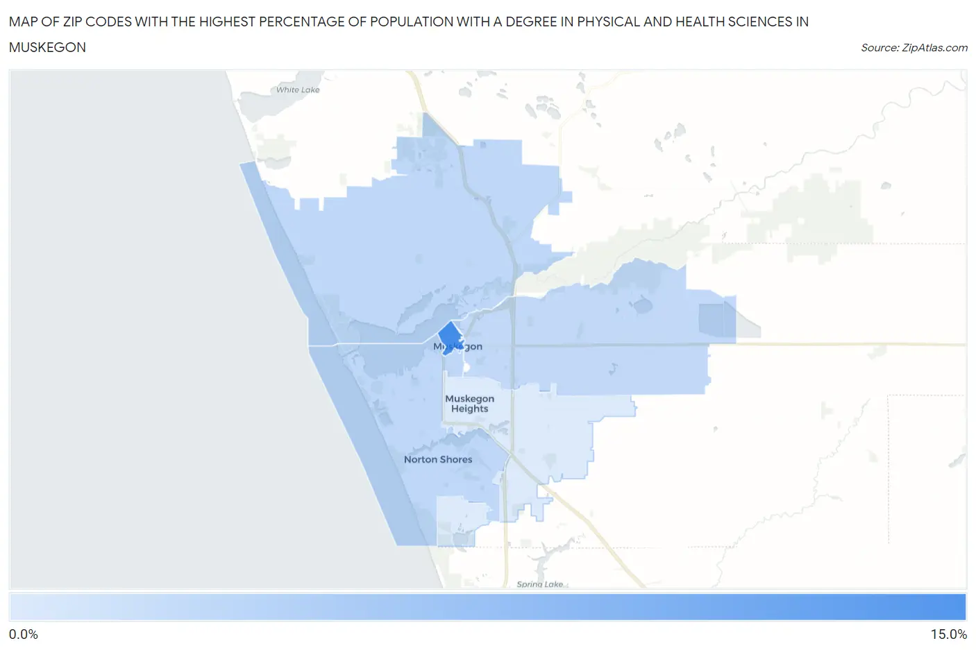 Zip Codes with the Highest Percentage of Population with a Degree in Physical and Health Sciences in Muskegon Map