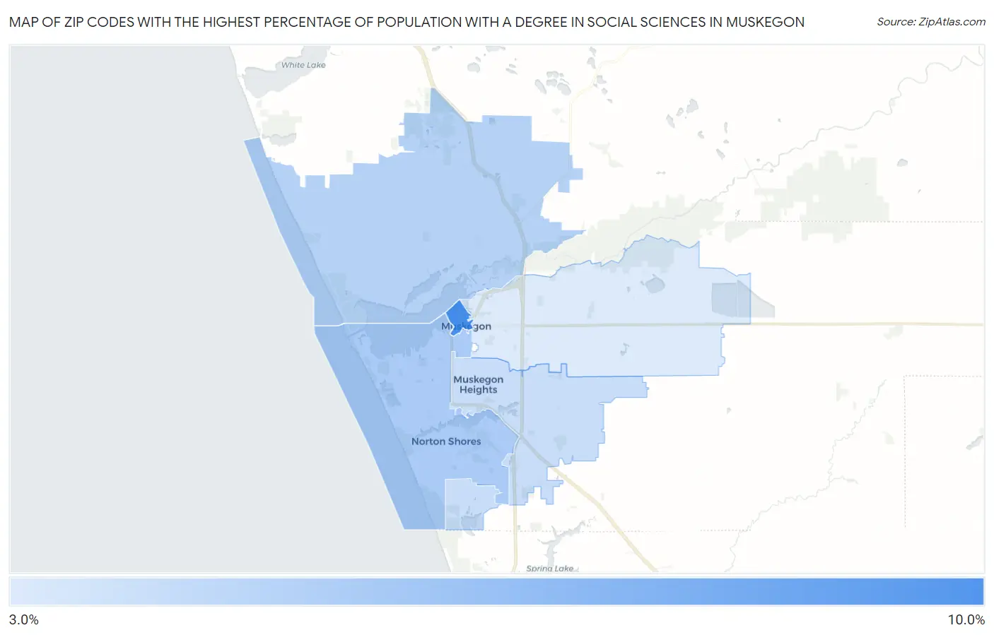 Zip Codes with the Highest Percentage of Population with a Degree in Social Sciences in Muskegon Map