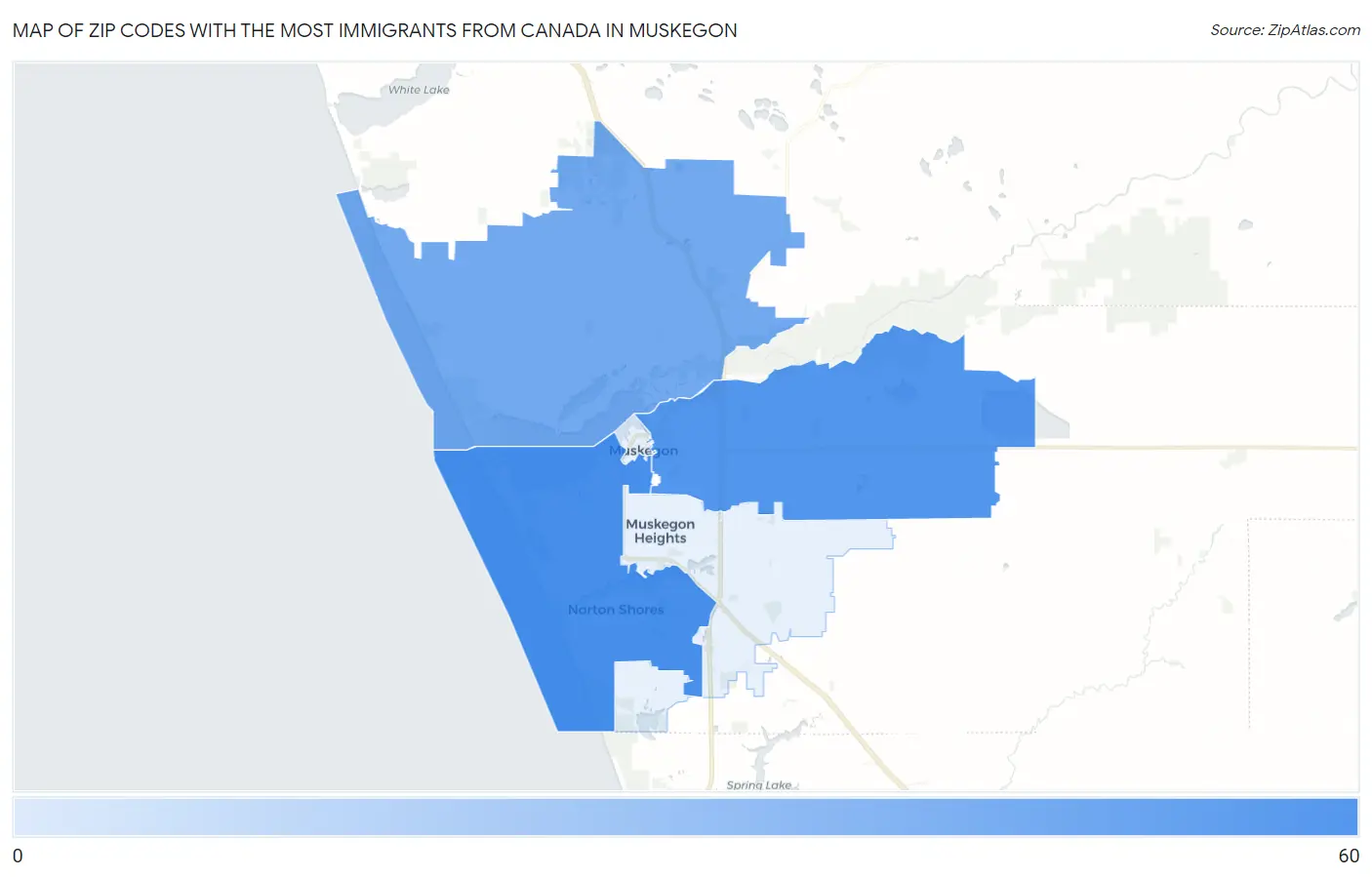 Zip Codes with the Most Immigrants from Canada in Muskegon Map