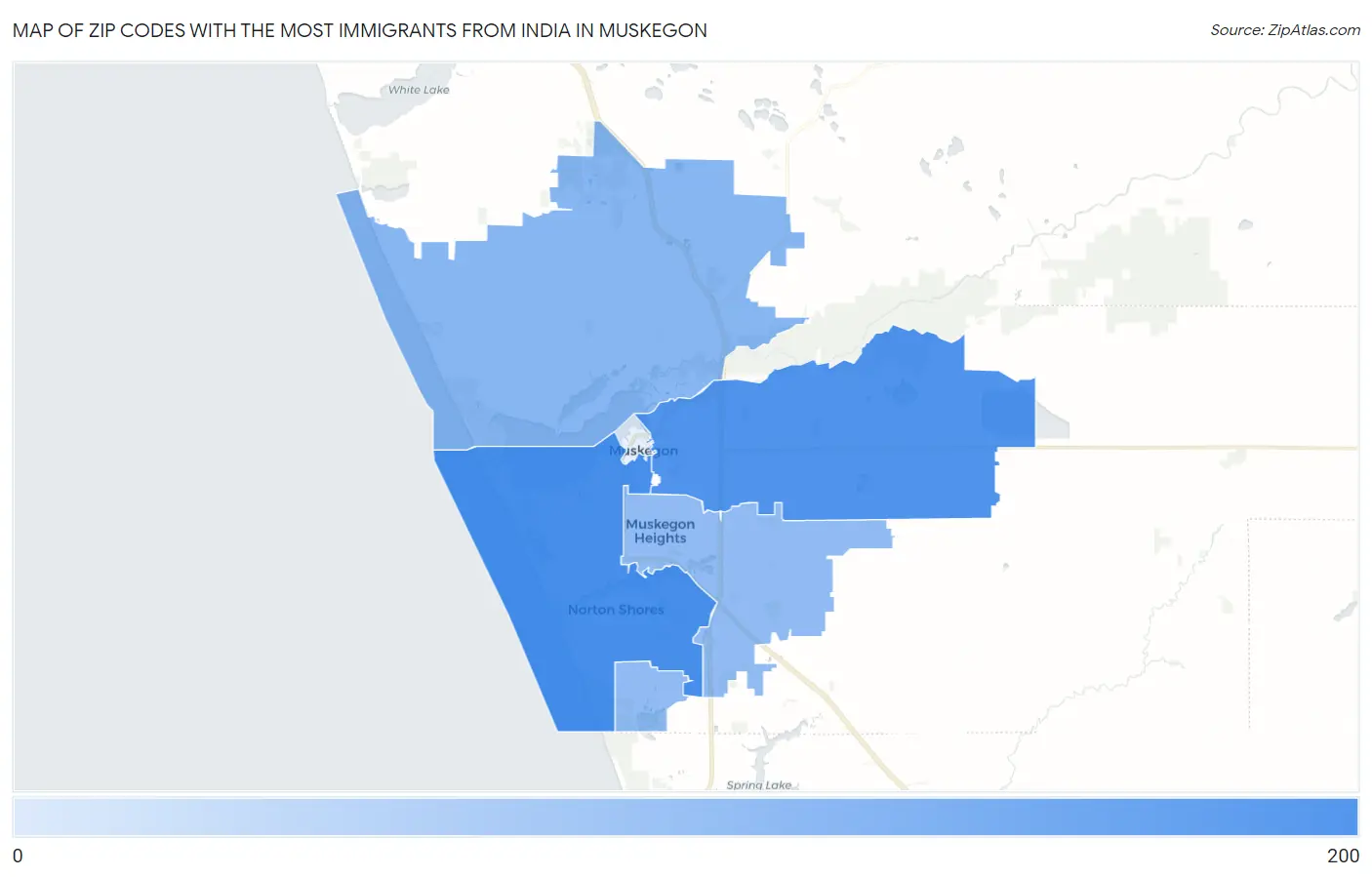 Zip Codes with the Most Immigrants from India in Muskegon Map