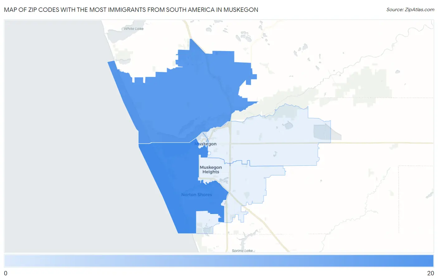 Zip Codes with the Most Immigrants from South America in Muskegon Map