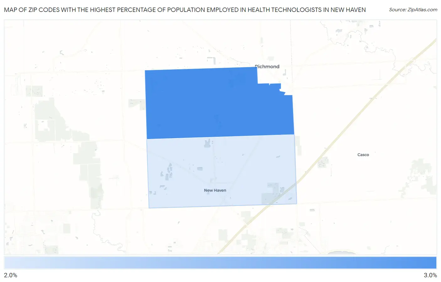 Zip Codes with the Highest Percentage of Population Employed in Health Technologists in New Haven Map