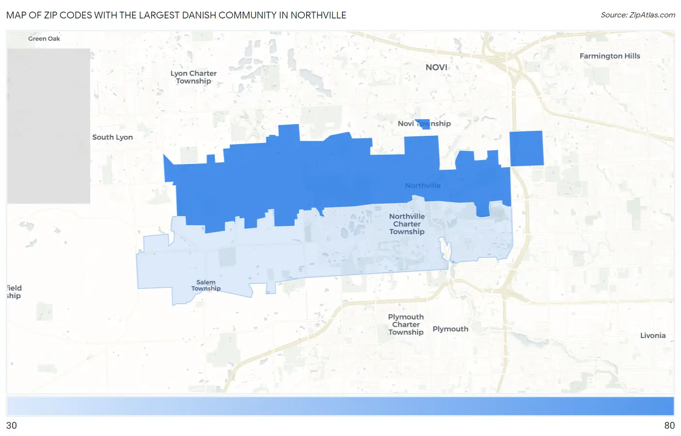 Zip Codes with the Largest Danish Community in Northville Map