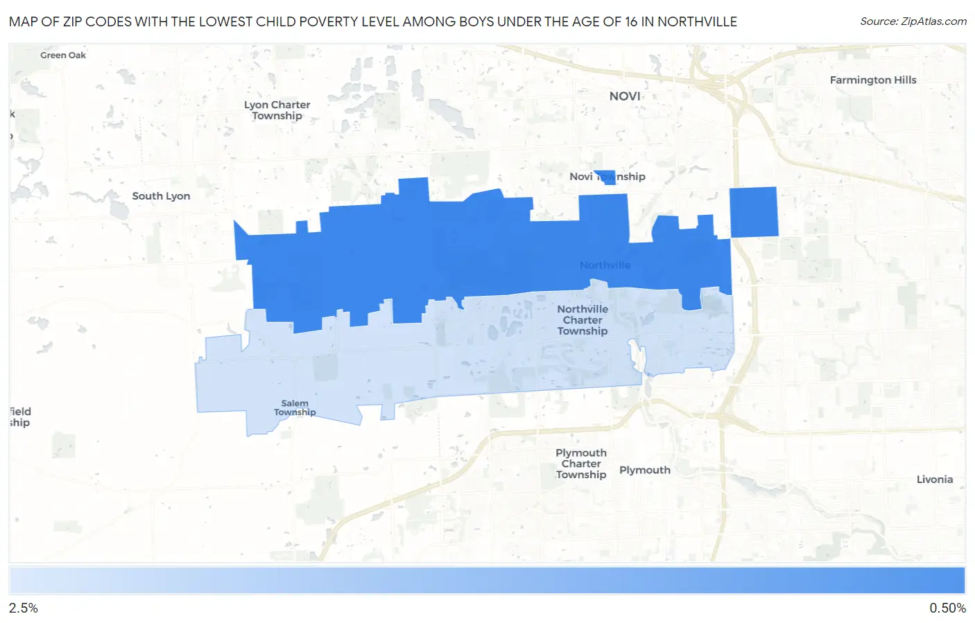 Zip Codes with the Lowest Child Poverty Level Among Boys Under the Age of 16 in Northville Map