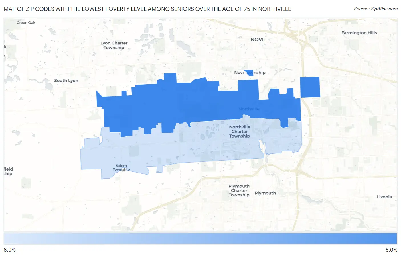 Zip Codes with the Lowest Poverty Level Among Seniors Over the Age of 75 in Northville Map