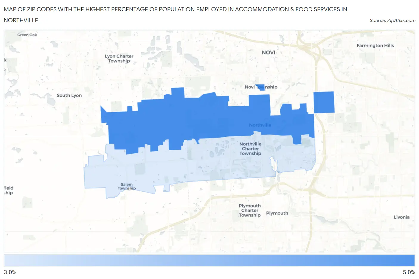 Zip Codes with the Highest Percentage of Population Employed in Accommodation & Food Services in Northville Map