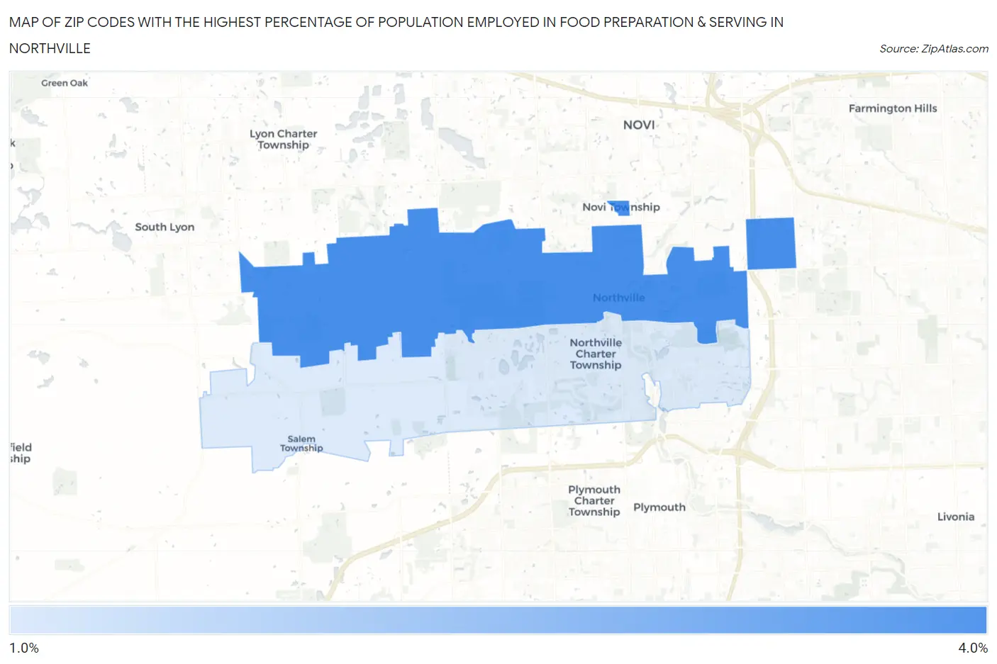 Zip Codes with the Highest Percentage of Population Employed in Food Preparation & Serving in Northville Map