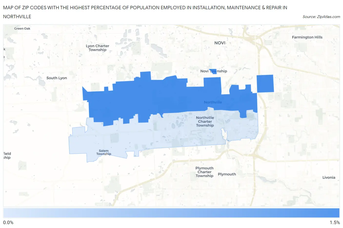Zip Codes with the Highest Percentage of Population Employed in Installation, Maintenance & Repair in Northville Map