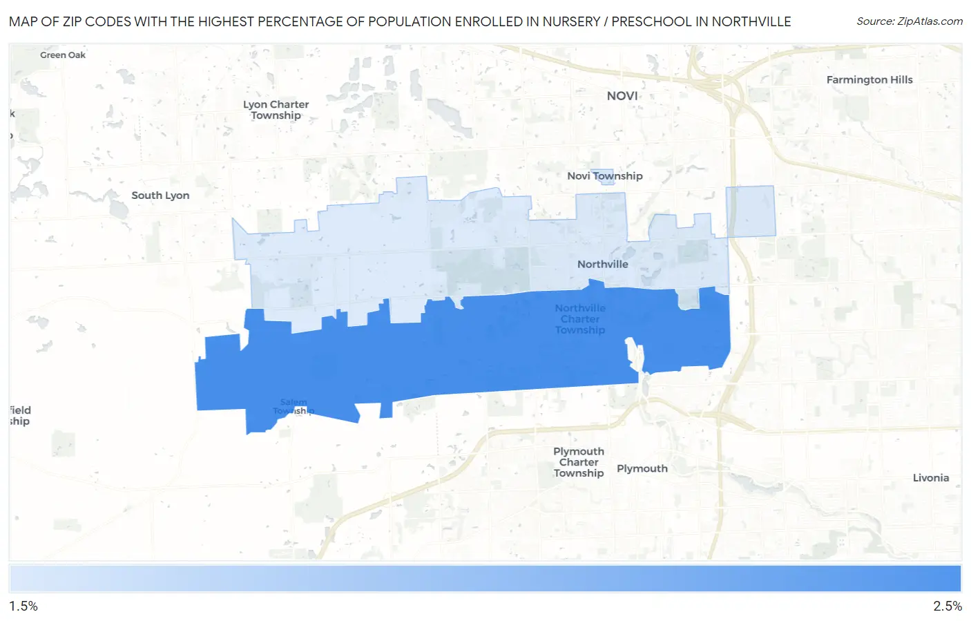 Zip Codes with the Highest Percentage of Population Enrolled in Nursery / Preschool in Northville Map