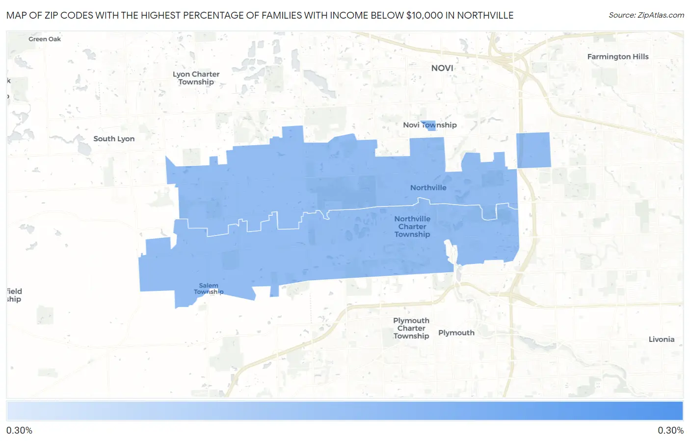 Zip Codes with the Highest Percentage of Families with Income Below $10,000 in Northville Map