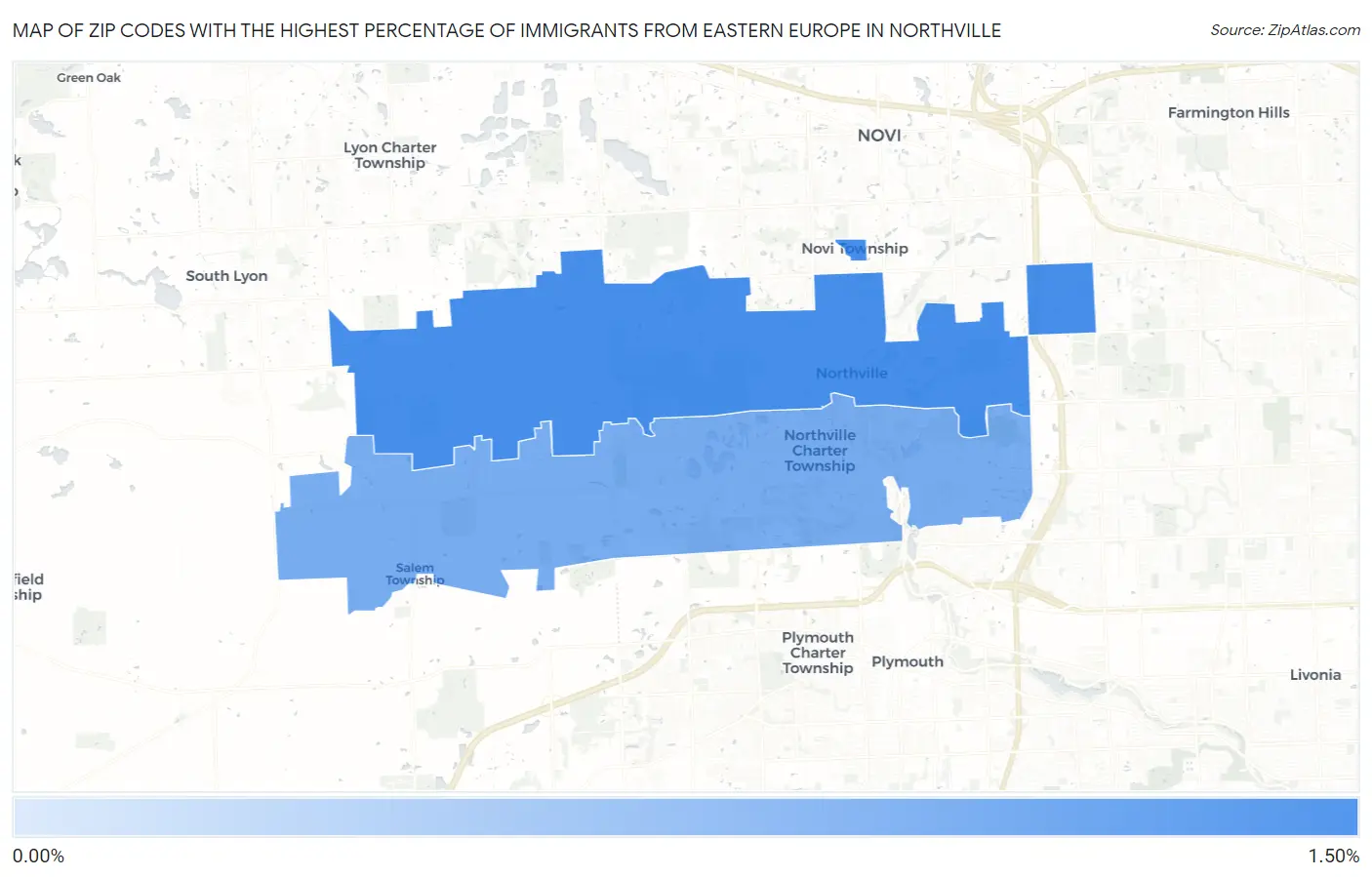 Zip Codes with the Highest Percentage of Immigrants from Eastern Europe in Northville Map