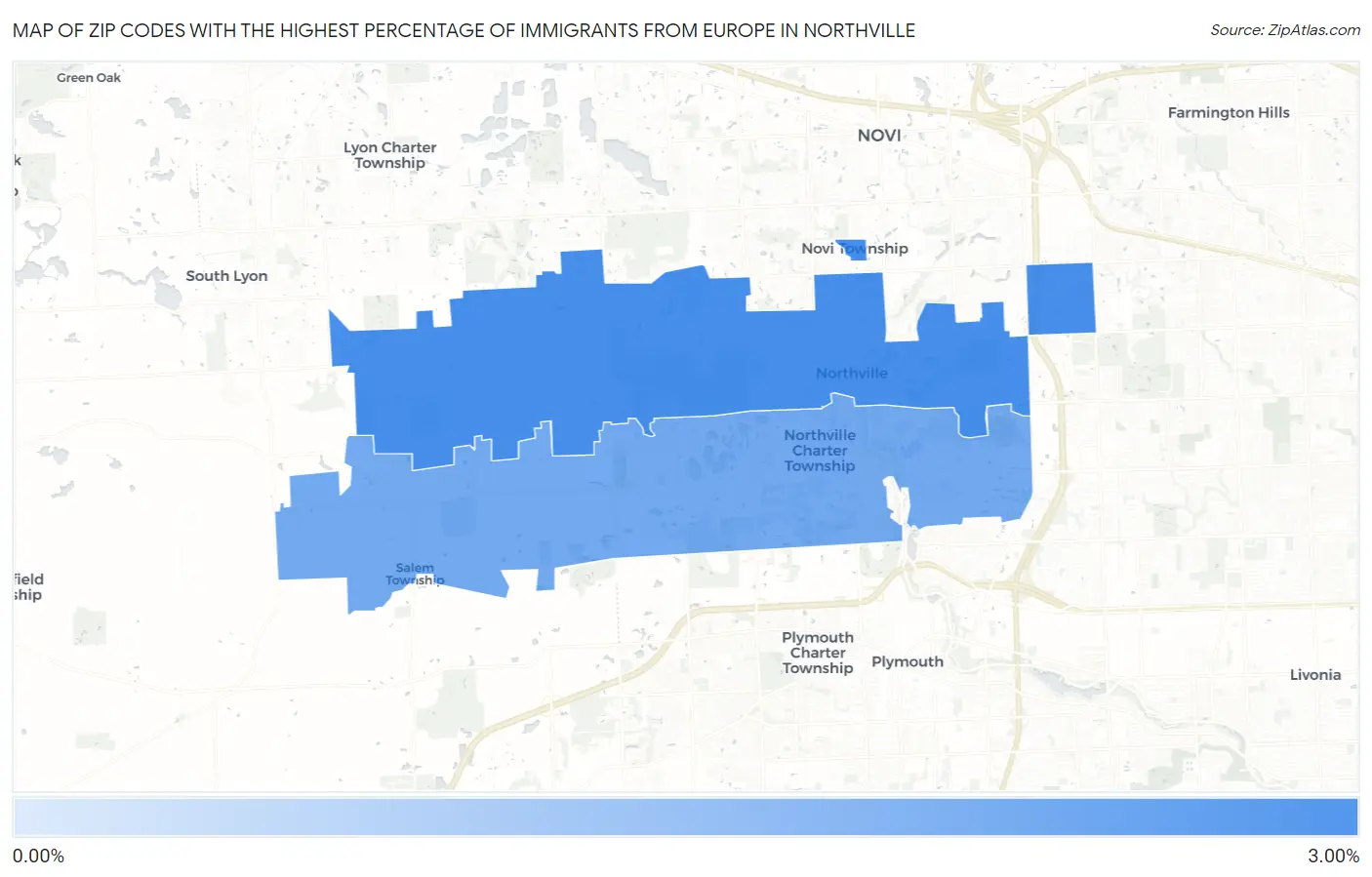 Zip Codes with the Highest Percentage of Immigrants from Europe in Northville Map