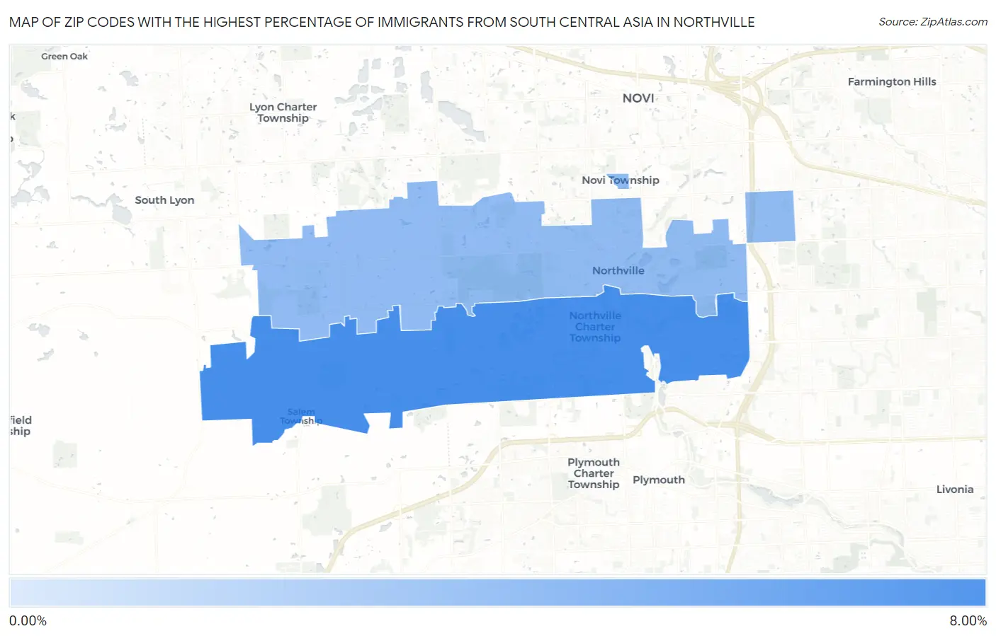 Zip Codes with the Highest Percentage of Immigrants from South Central Asia in Northville Map