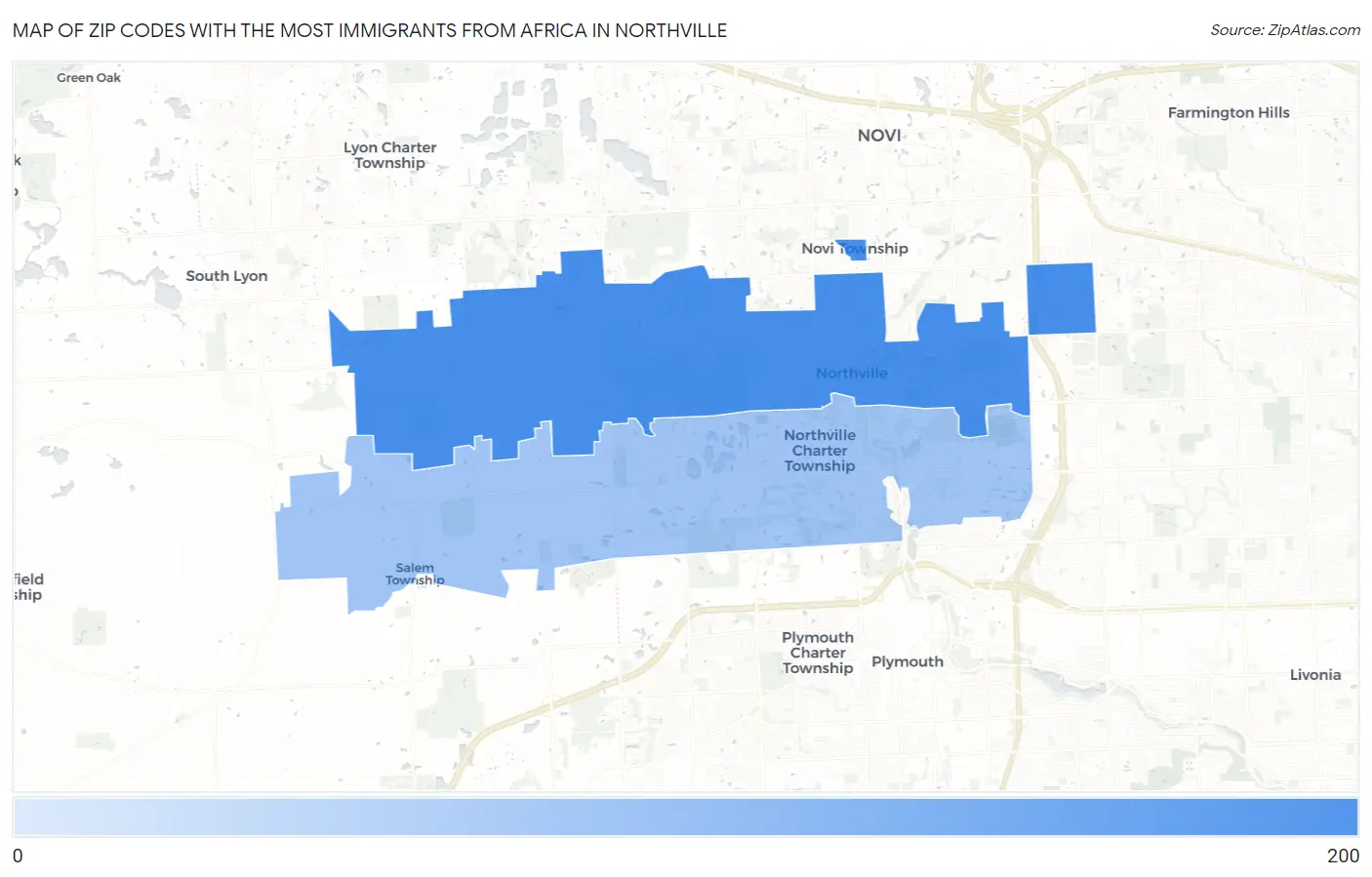 Zip Codes with the Most Immigrants from Africa in Northville Map