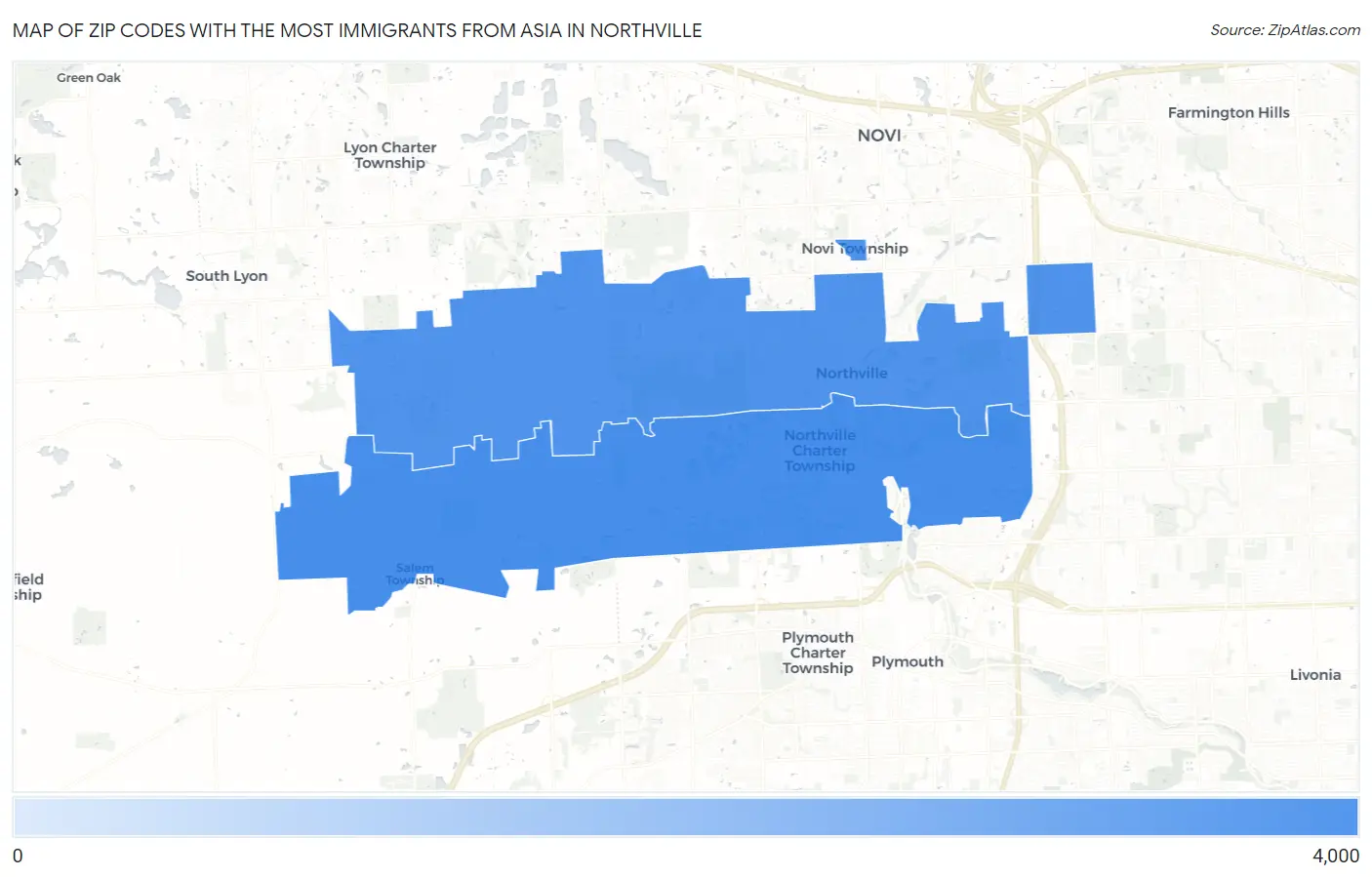 Zip Codes with the Most Immigrants from Asia in Northville Map