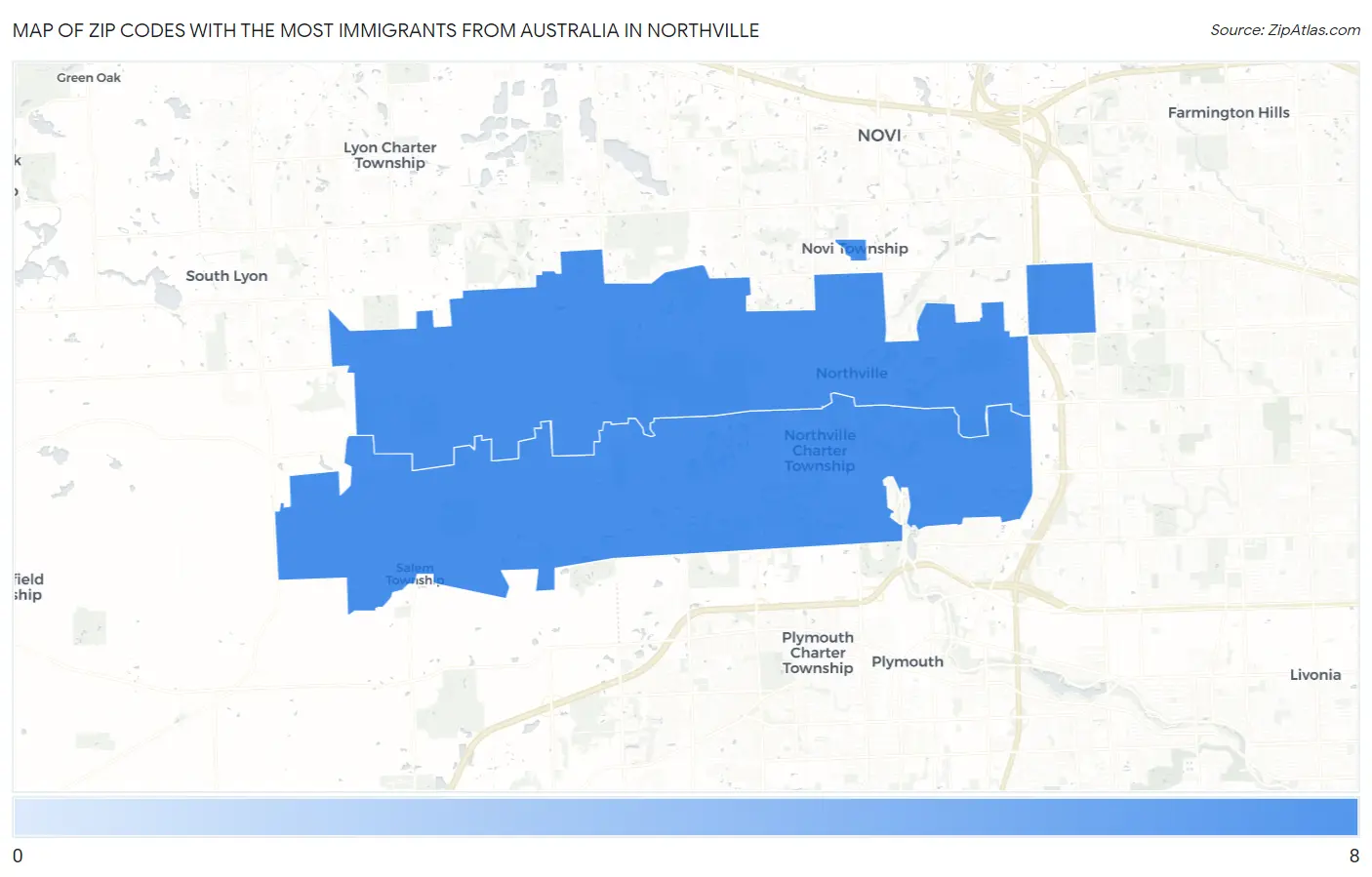 Zip Codes with the Most Immigrants from Australia in Northville Map