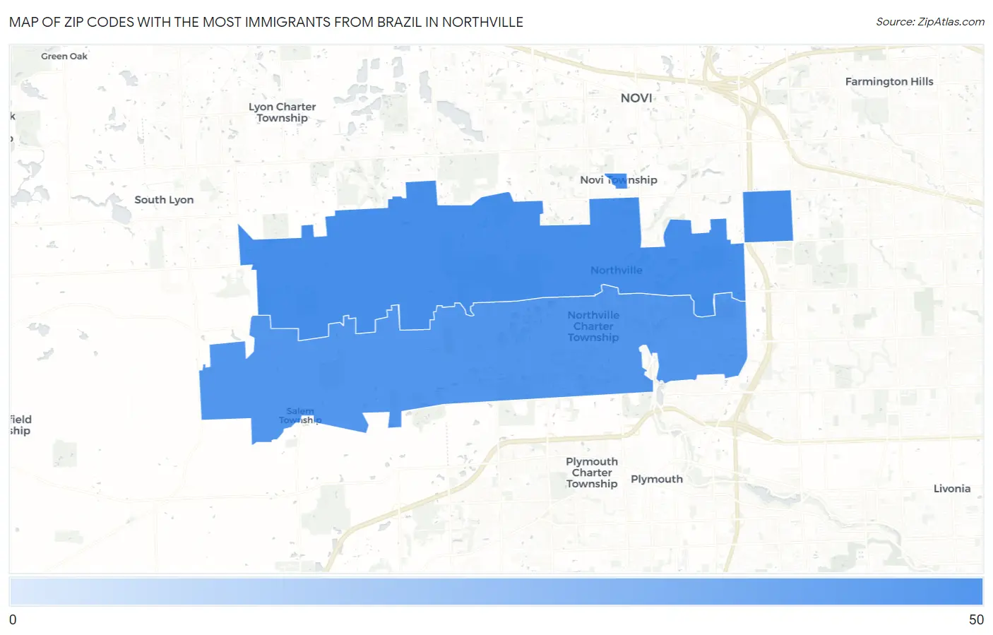 Zip Codes with the Most Immigrants from Brazil in Northville Map