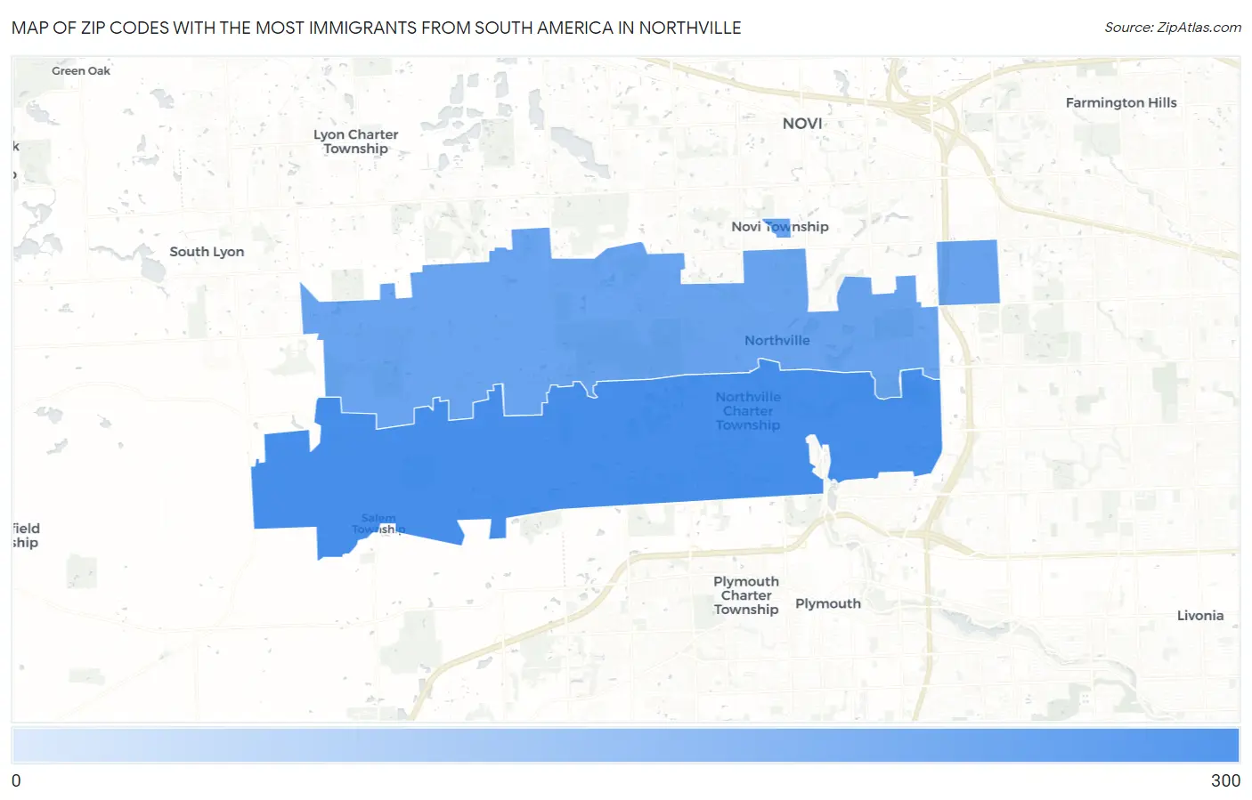 Zip Codes with the Most Immigrants from South America in Northville Map