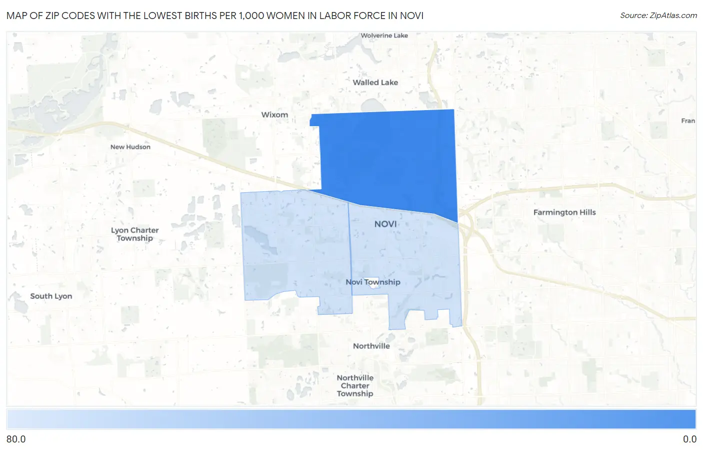 Zip Codes with the Lowest Births per 1,000 Women in Labor Force in Novi Map
