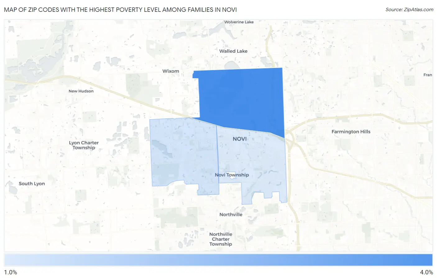 Zip Codes with the Highest Poverty Level Among Families in Novi Map