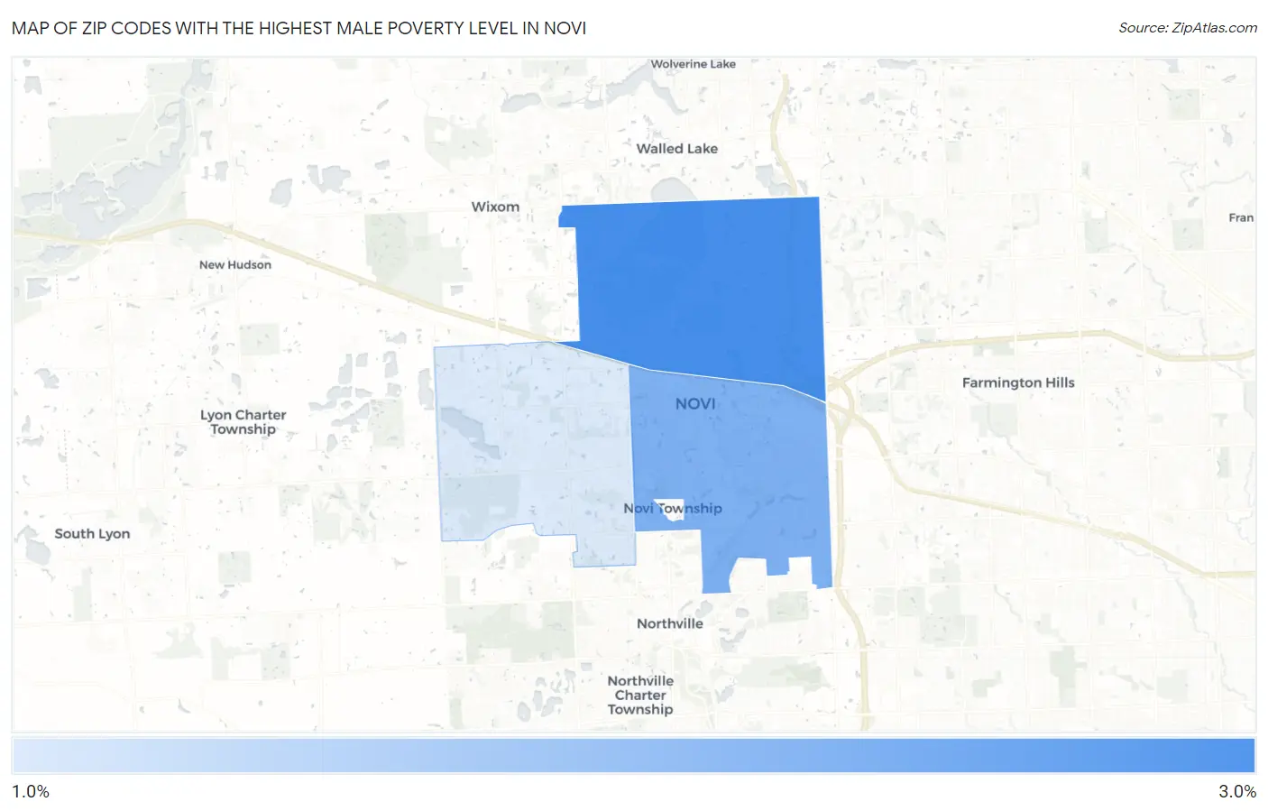 Zip Codes with the Highest Male Poverty Level in Novi Map