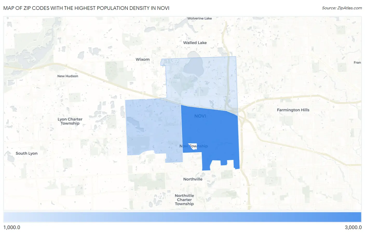 Zip Codes with the Highest Population Density in Novi Map