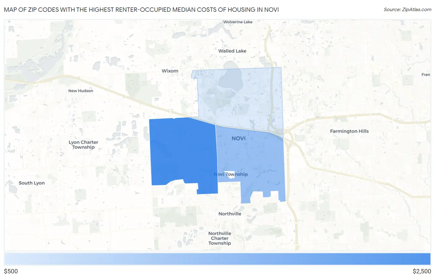 Zip Codes with the Highest Renter-Occupied Median Costs of Housing in Novi Map