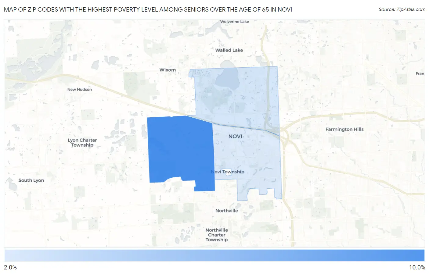 Zip Codes with the Highest Poverty Level Among Seniors Over the Age of 65 in Novi Map